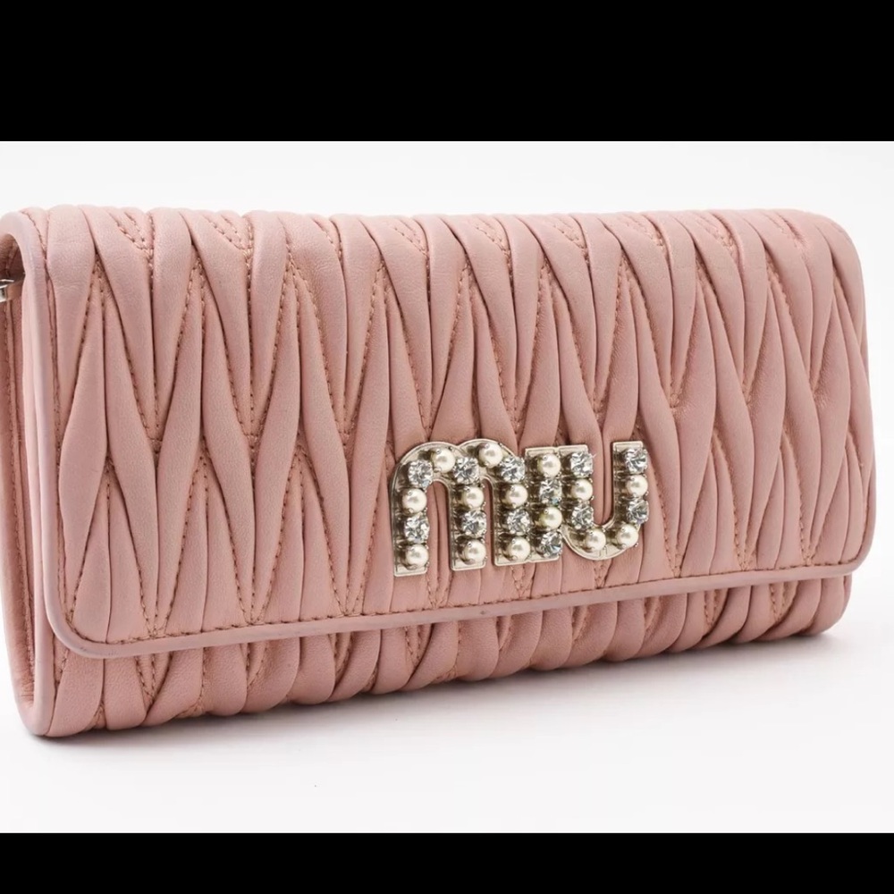 MIU MIU Flap Wallet Long Purse Matelasse Crystal Pearl Leather Pink Authentic